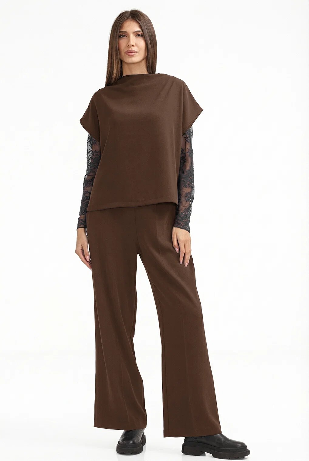 Shopika Pantaloni eleganti cu croiala dreapta lejera maro