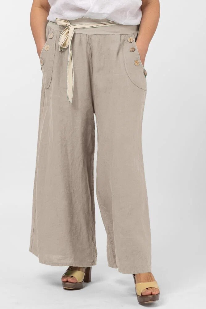 Shopika Pantaloni largi de vara din in cu nasturi din lemn la buzunare bej