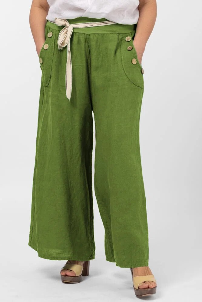 Shopika Pantaloni largi de vara din in cu nasturi din lemn la buzunare verde oliv