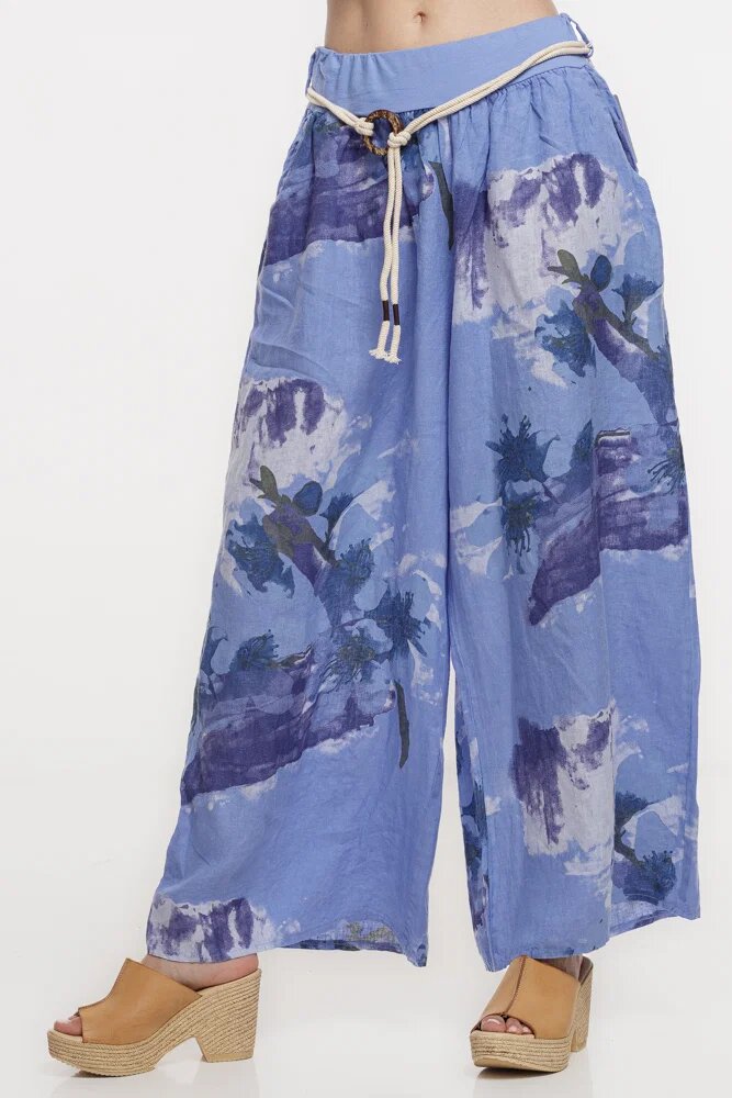 Shopika Pantaloni largi de vara masura mare din in albastru lavanda cu imprimeu flori albastre