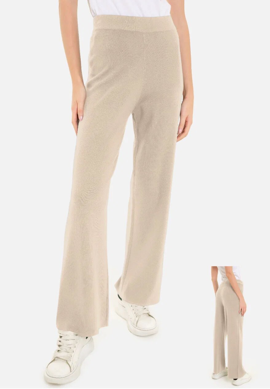 Shopika Pantaloni largi si drepti casual din tricotaj fin bej