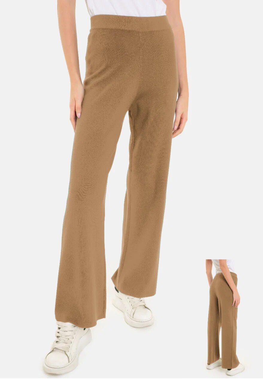 Shopika Pantaloni largi si drepti casual din tricotaj fin camel