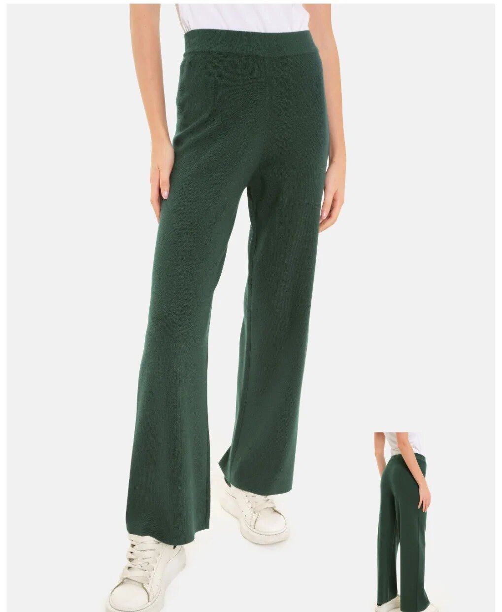 Shopika Pantaloni largi si drepti casual din tricotaj fin verde inchis