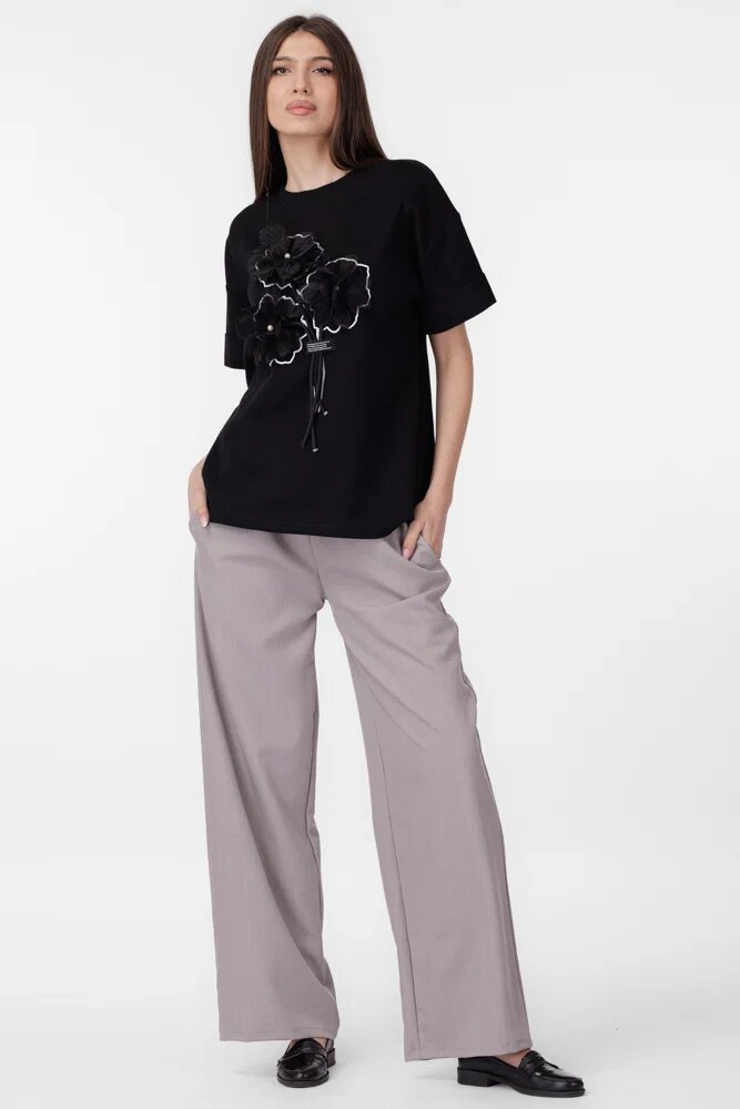 Shopika Pantaloni largi si drepti cu betelie din satin alb si snur gri