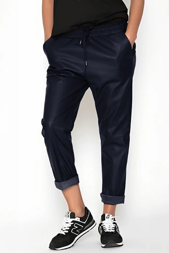 Shopika Pantaloni lungi bleumarin din piele ecologica cu snur in talie