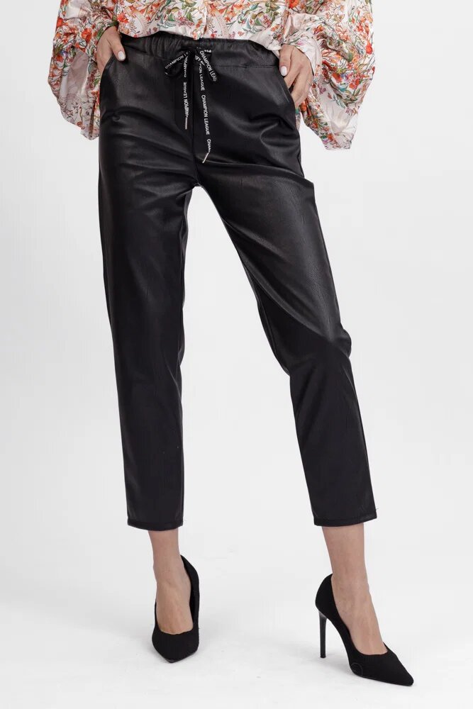 Shopika Pantaloni lungi negri din piele ecologica cu snur in talie