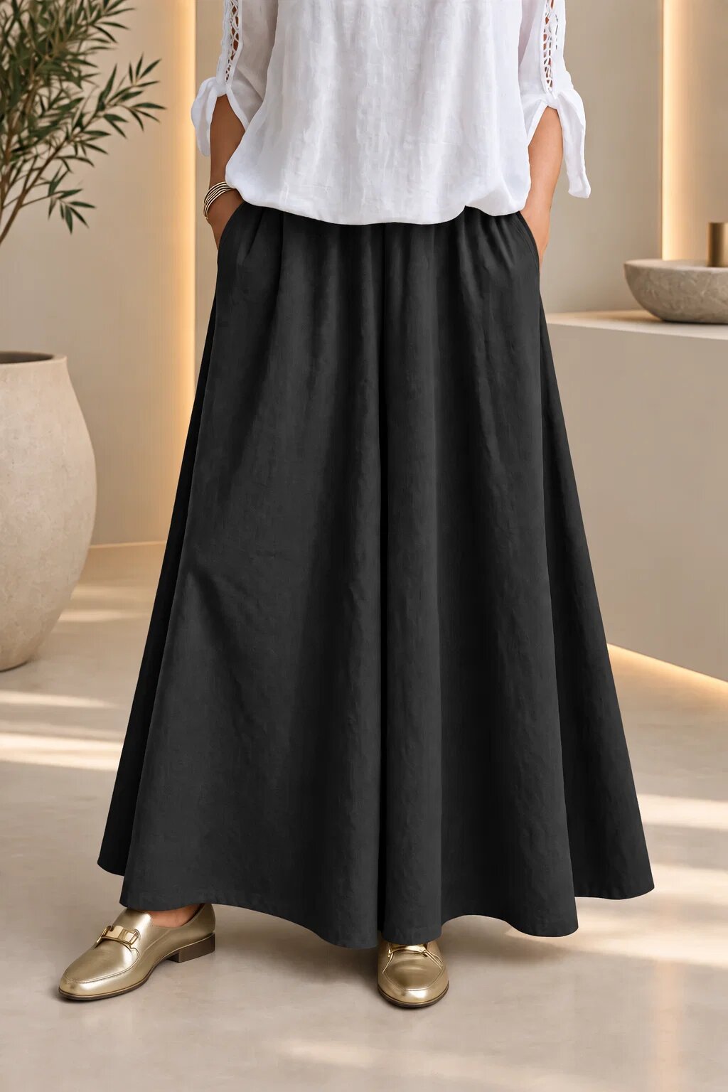 Shopika Pantaloni negri de toamna palazzo dama cu talie elastica si croi larg