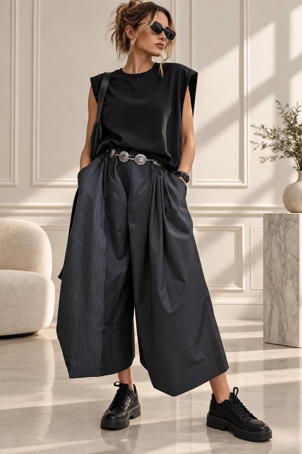 Shopika Pantaloni palazzo asimetrici cu panou suprapus in dungi si croi amplu gri