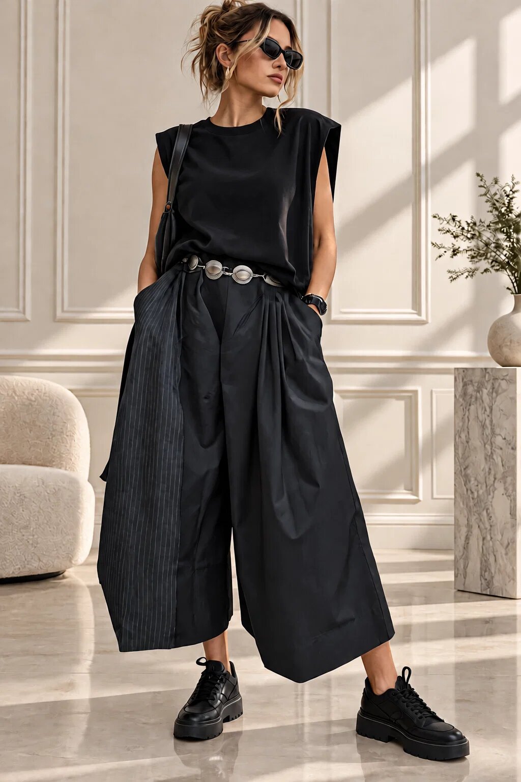 Shopika Pantaloni palazzo asimetrici cu panou suprapus in dungi si croi amplu negri