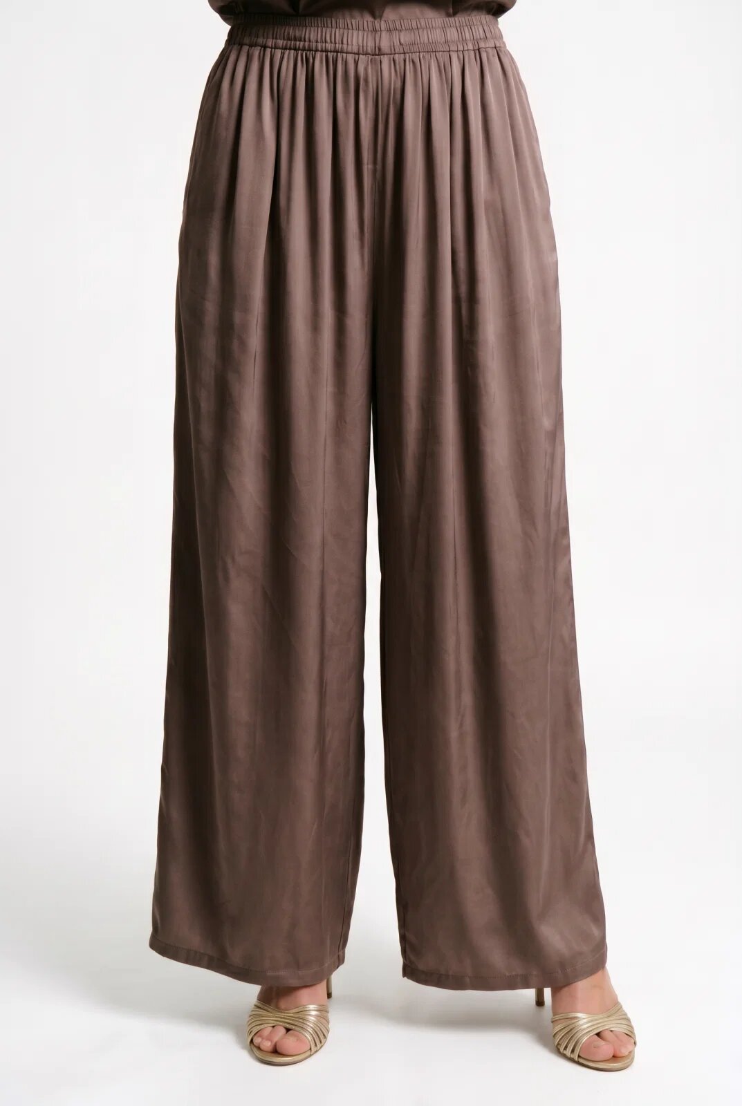 Shopika Pantaloni palazzo fluizi din matase si vascoza satinata maro