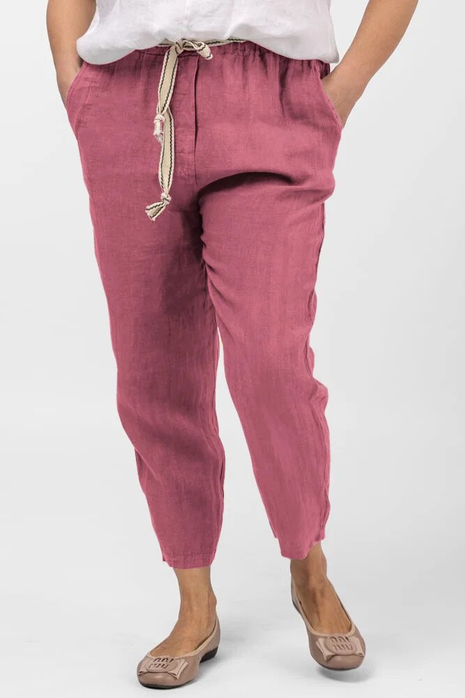 Shopika Pantaloni roz inchis din in pana cu snur alb