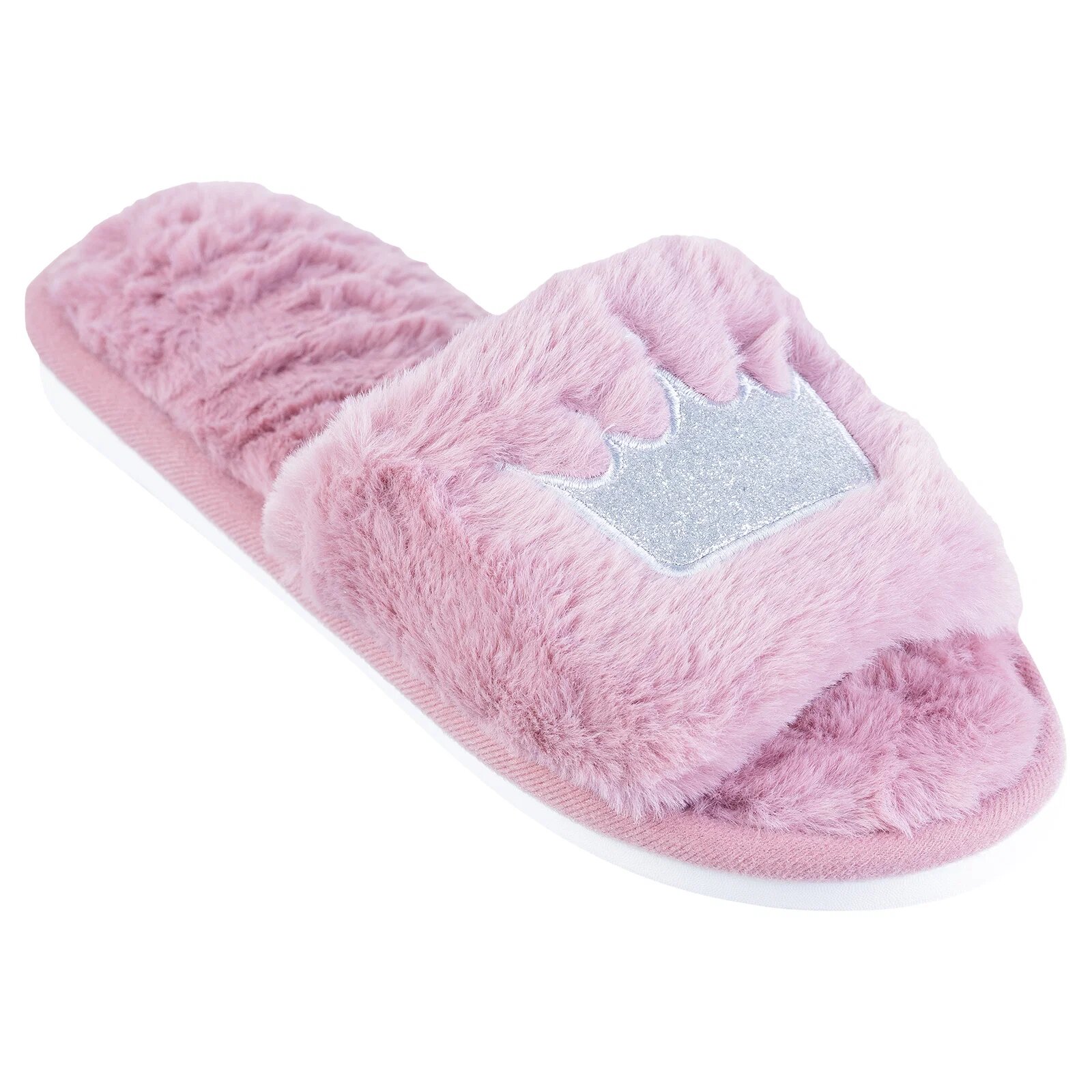 Shopika Papuci de casa roz cu coronita argintie brodata