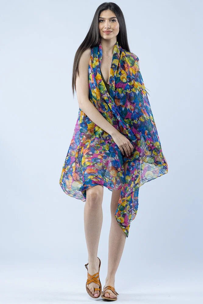 Shopika Pareo plaja din material plisat matasos si usor imprimeu cercuri multicolore