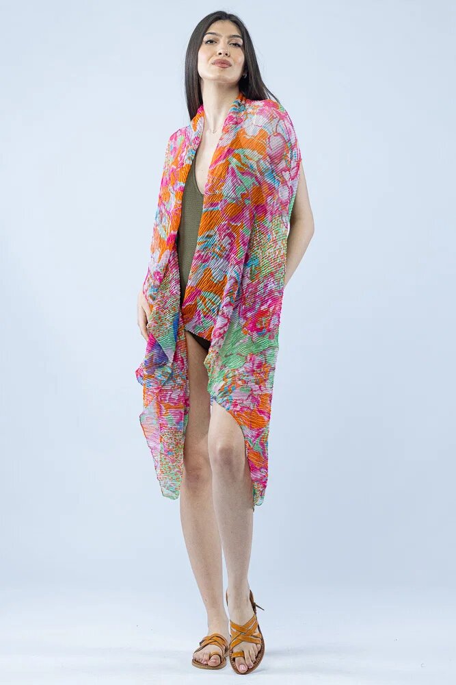 Shopika Pareo plaja din material plisat matasos si usor imprimeu floral fucsia portocaliu si verde