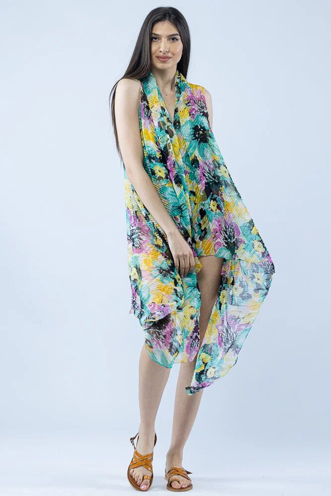 Shopika Pareo plaja din material plisat matasos si usor imprimeu floral galben mov si verde