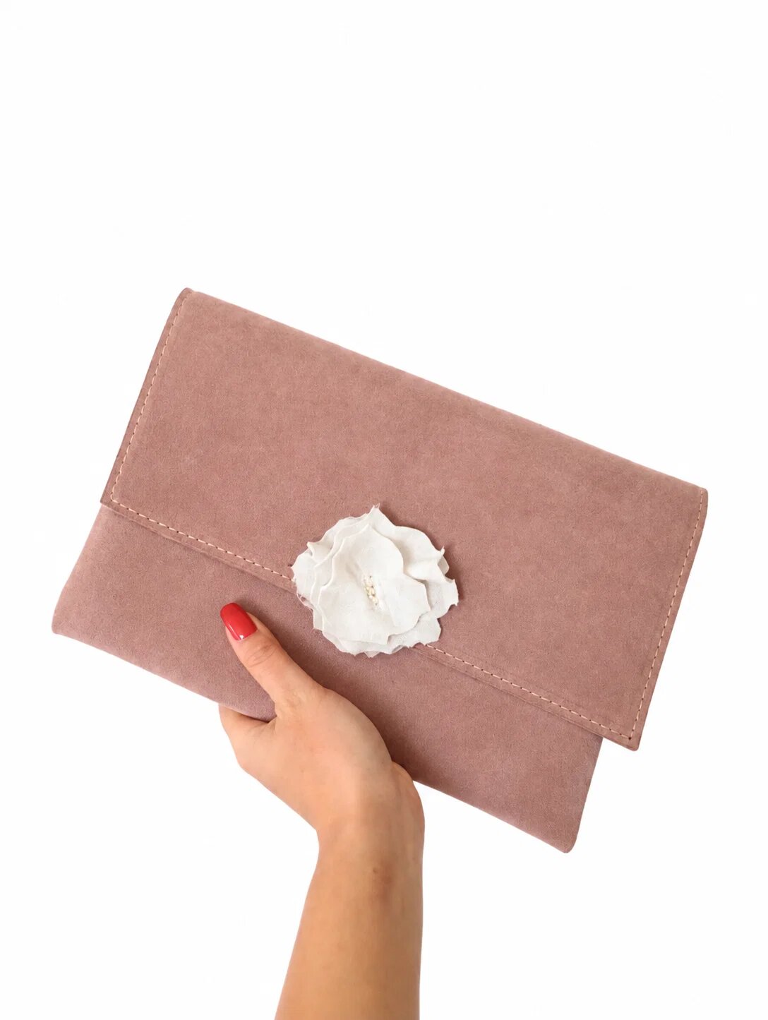 Shopika Plic roz pudra din piele naturala intoarsahandmade cu trandafir alb