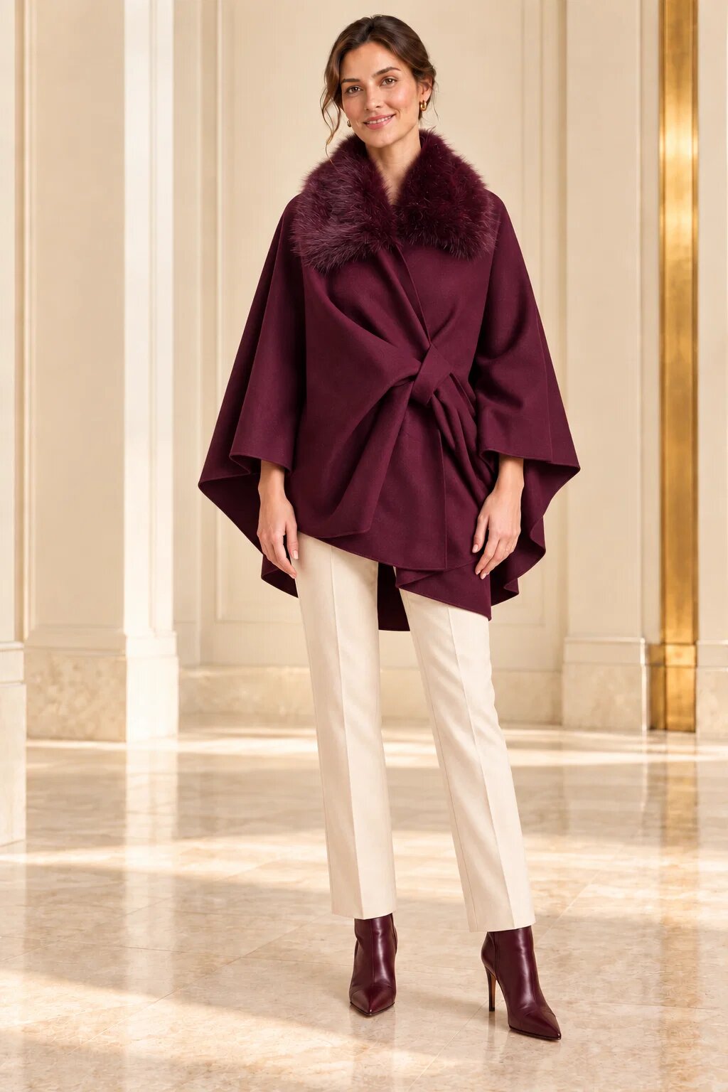 Shopika Poncho dama bordo elegant cu guler din blanita