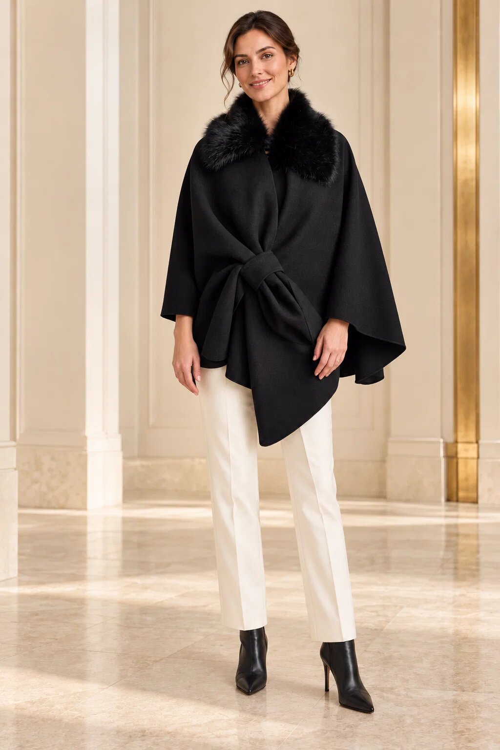 Shopika Poncho dama negru elegant cu guler din blanita