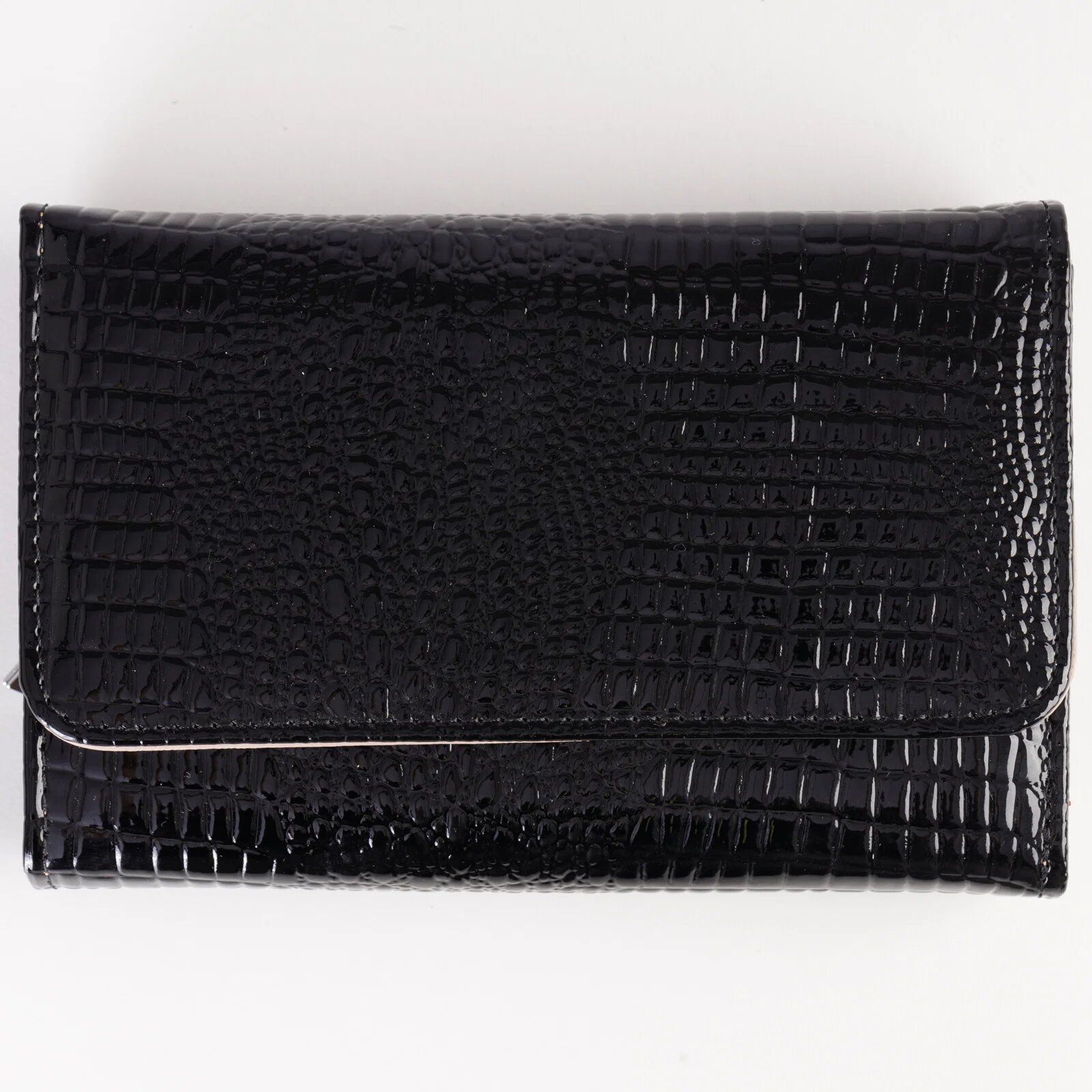Shopika Portofel din piele naturala lucioasa cu aspect piele de sarpe si capse interioare negru