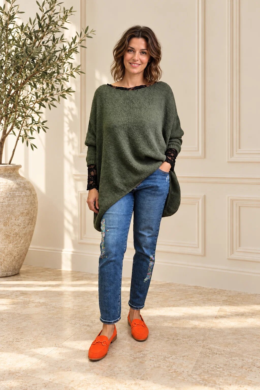 Shopika Pulover asimetric oversize cu maneca cazuta kaki
