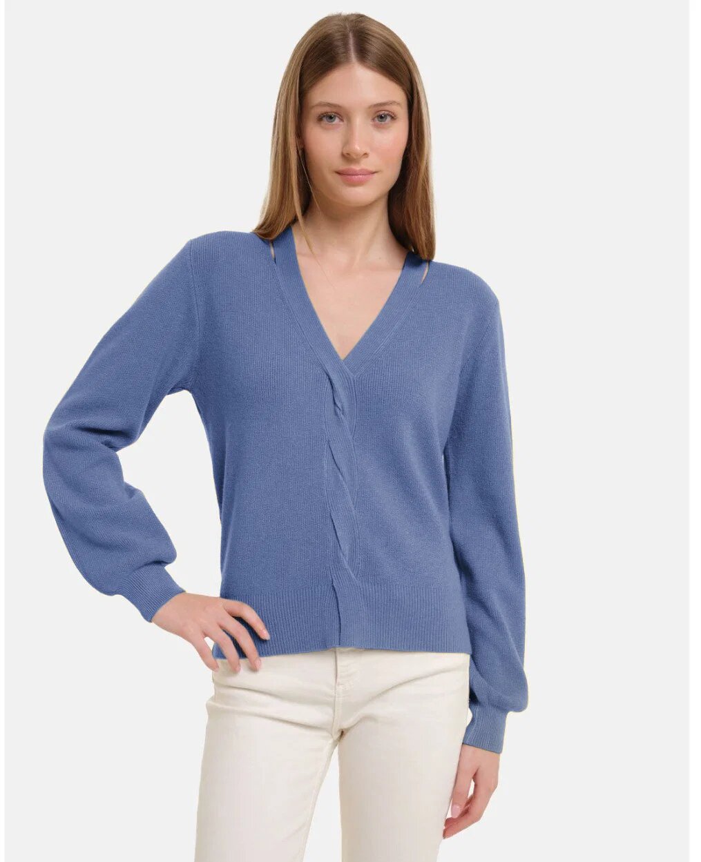 Shopika Pulover cu impletitura decorativa si decolteu in V bleu