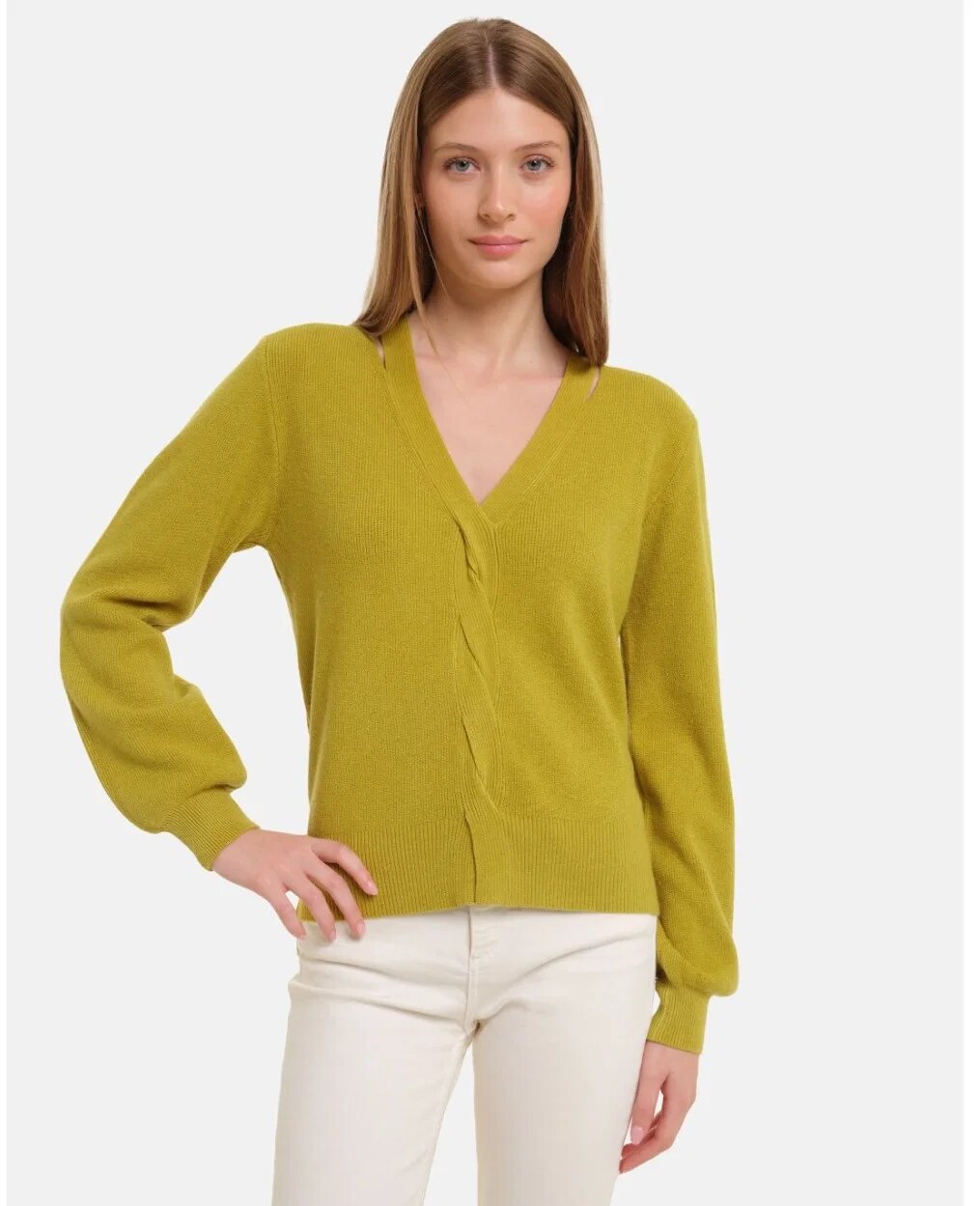 Shopika Pulover cu impletitura decorativa si decolteu in V verde oliv