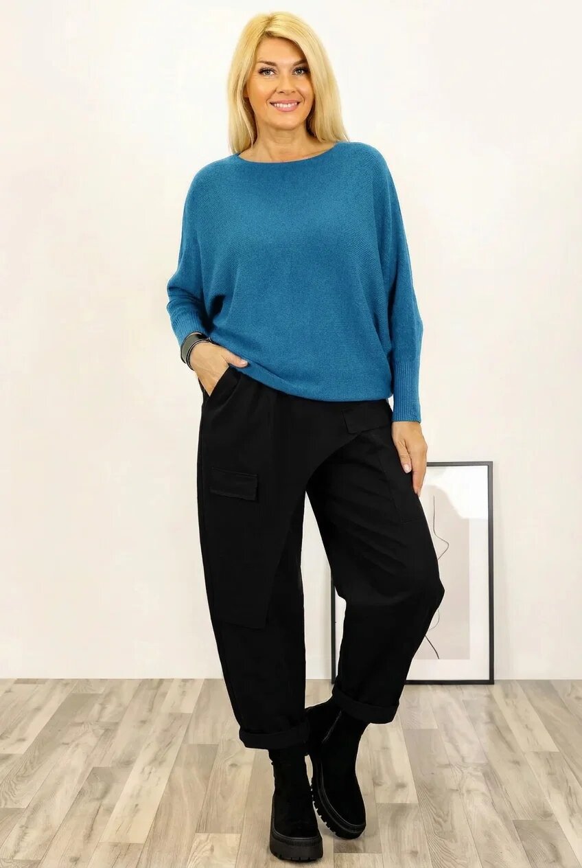 Shopika Pulover cu maneci fluture si perlute fine pe spate din vascoza turcoaz inchis