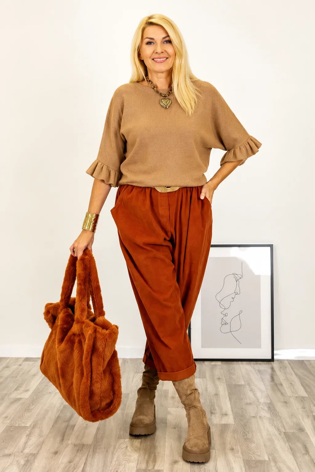 Shopika Pulover cu maneci scurte si volane la mansete din vascoza camel