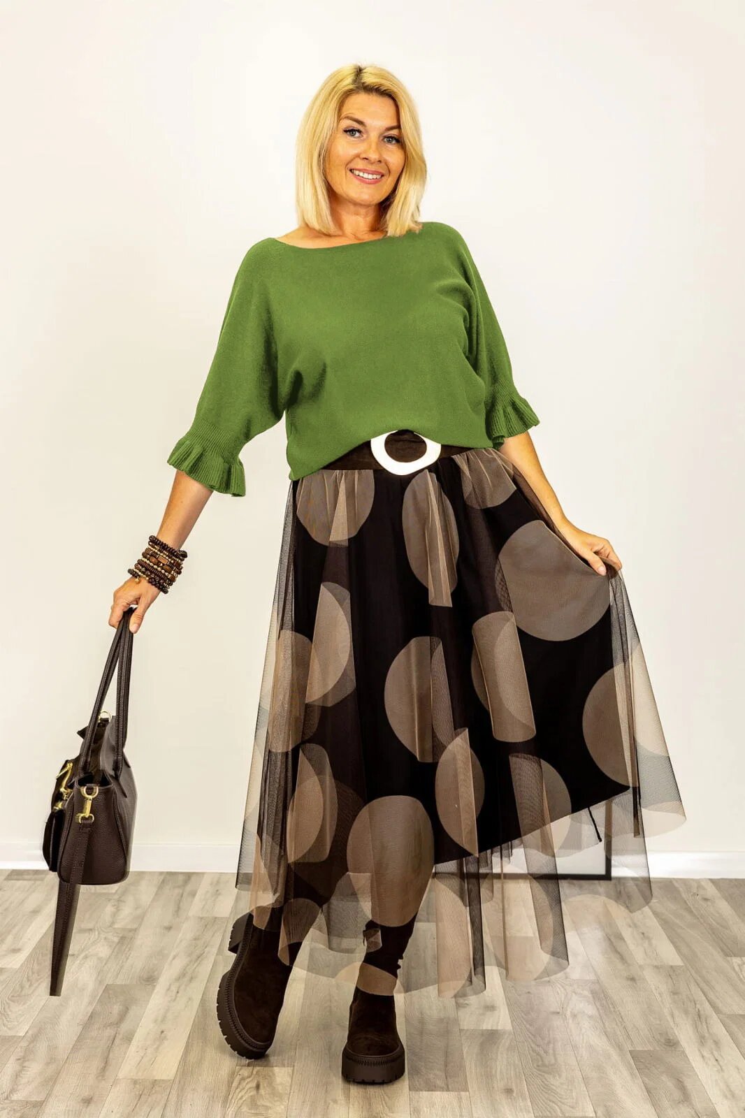 Shopika Pulover cu maneci scurte si volane la mansete din vascoza verde olive