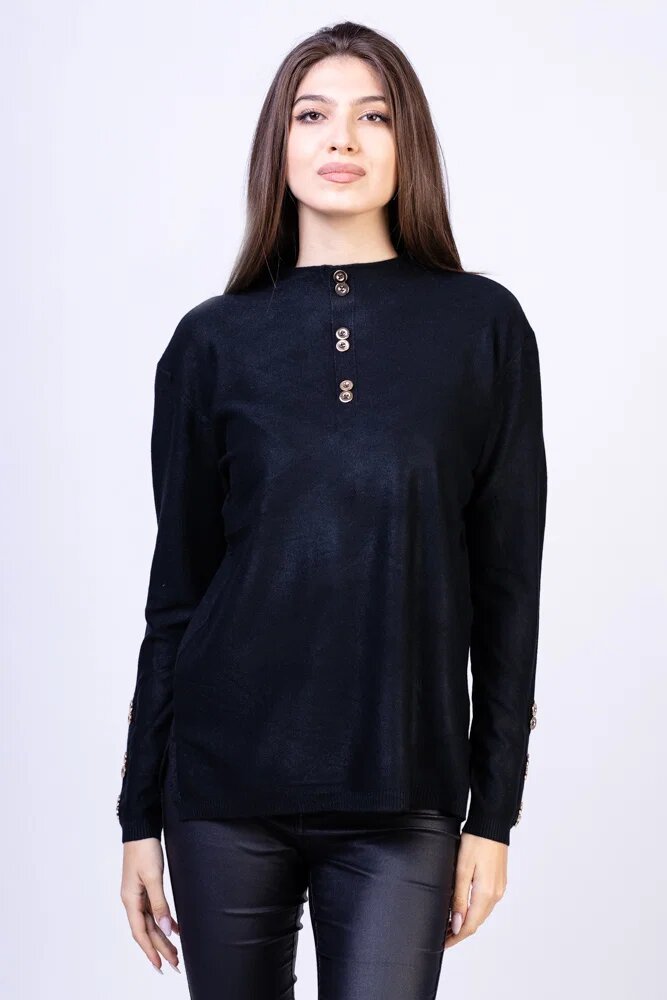 Shopika Pulover cu nasturei aurii pe decolteu si la maneci negru