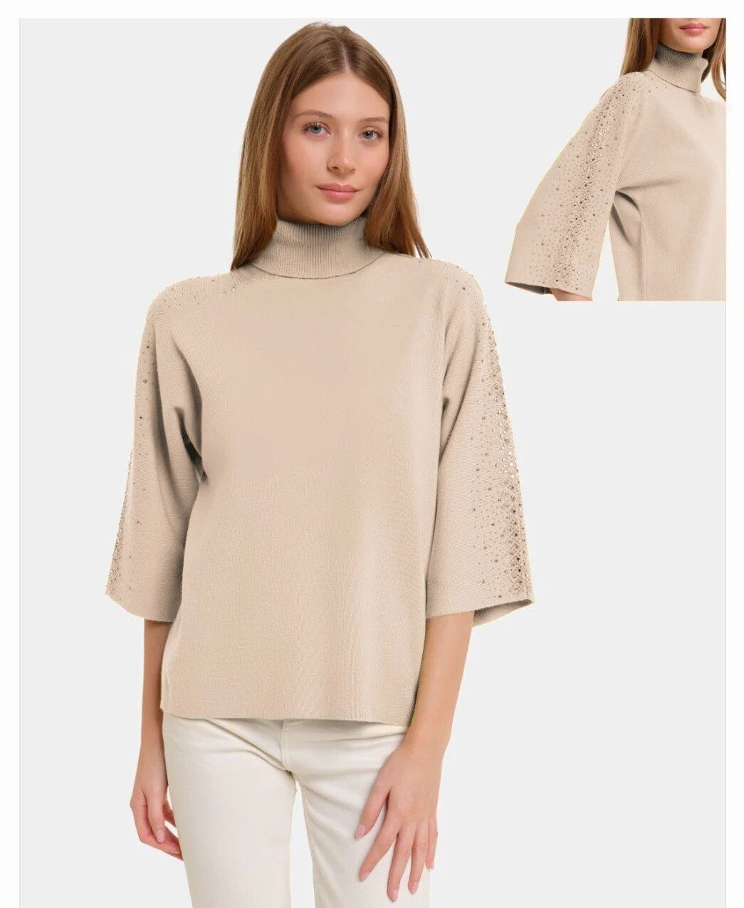 Shopika Pulover cu pietricele argintii cu guler inalt si maneca 3 4 din tricotaj fin bej