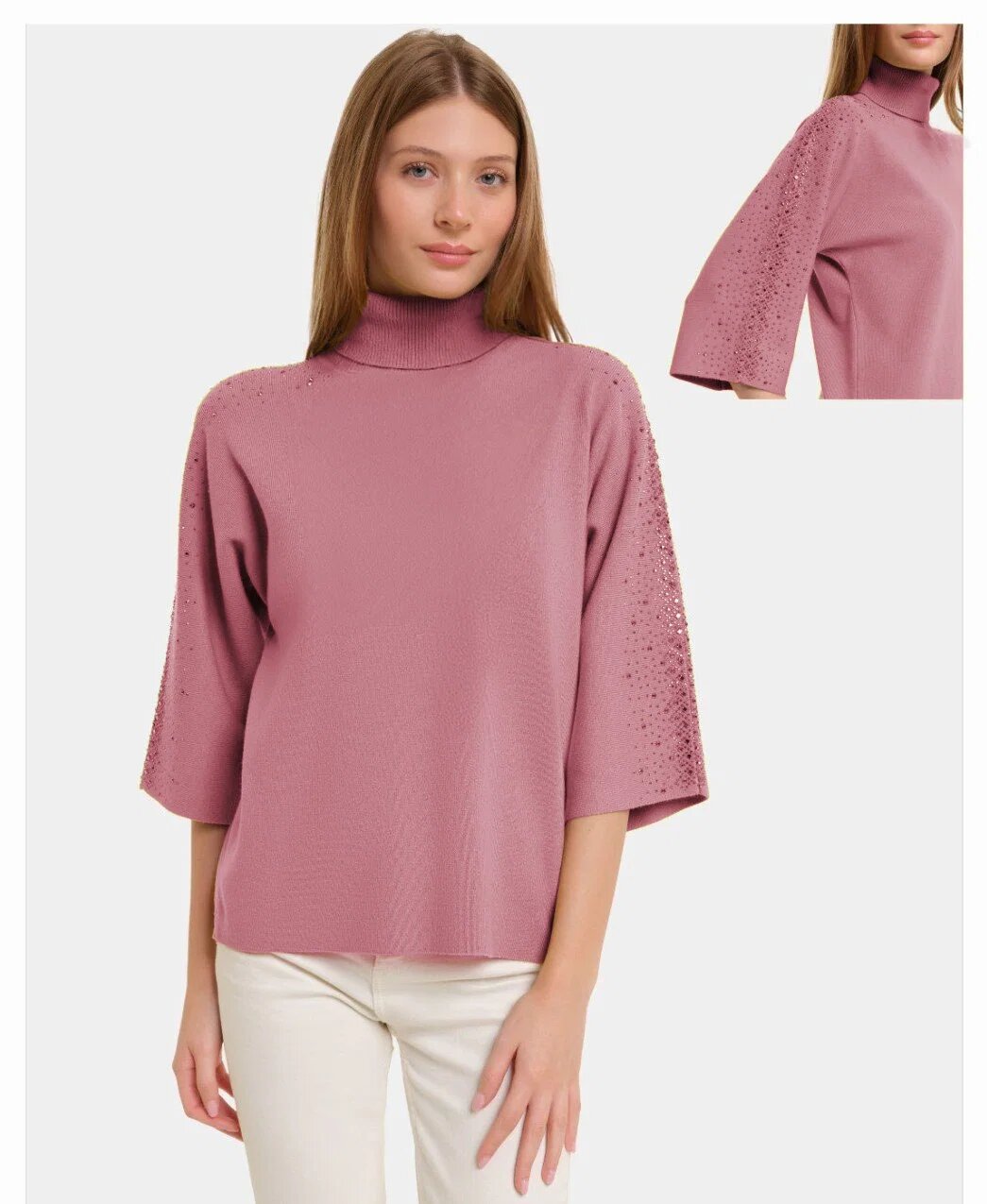 Shopika Pulover cu pietricele argintii cu guler inalt si maneca 3 4 din tricotaj fin roz inchis