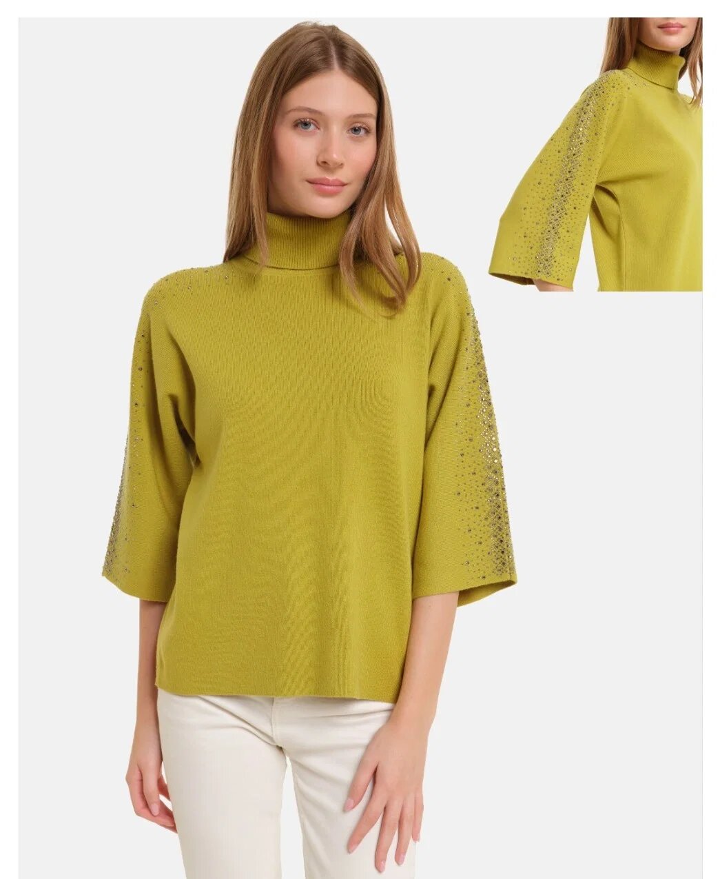 Shopika Pulover cu pietricele argintii cu guler inalt si maneca 3 4 din tricotaj fin verde olive