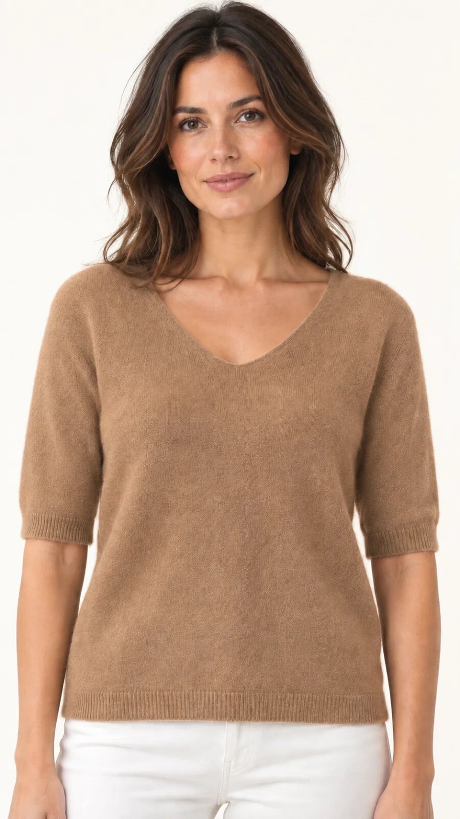 Shopika Pulover dama cu maneca scurta raglan si decolteu in V camel