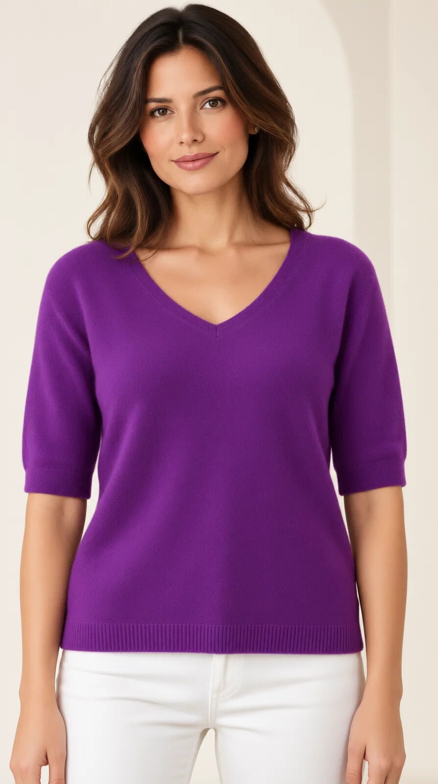 Shopika Pulover dama cu maneca scurta raglan si decolteu in V mov intens
