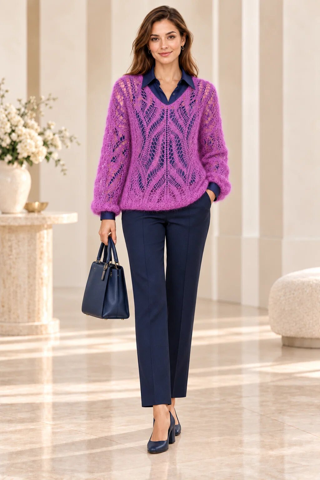 Shopika Pulover dantelat cu mohair cu model ajurat foarte fin pulover casual chic mov deschis