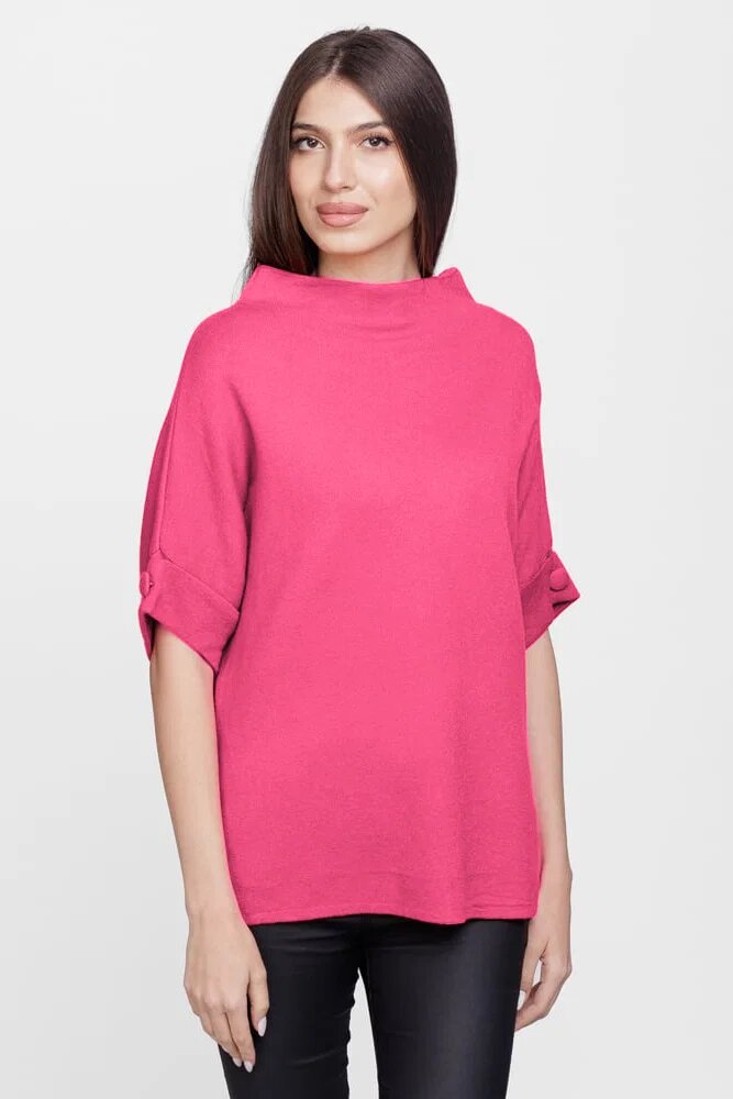 Shopika Pulover elegant cu maneca scurta si nasture din vascoza fucsia