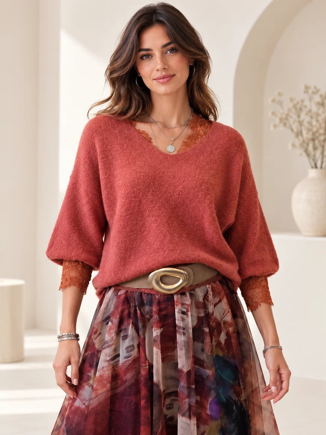 Shopika Pulover fin cu alpaca oversize cu maneca fluture caramiziu