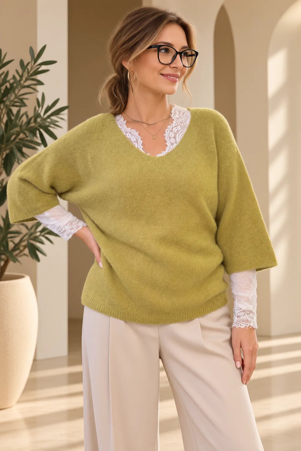 Shopika Pulover fin cu alpaca oversize cu maneca fluture verde oliv