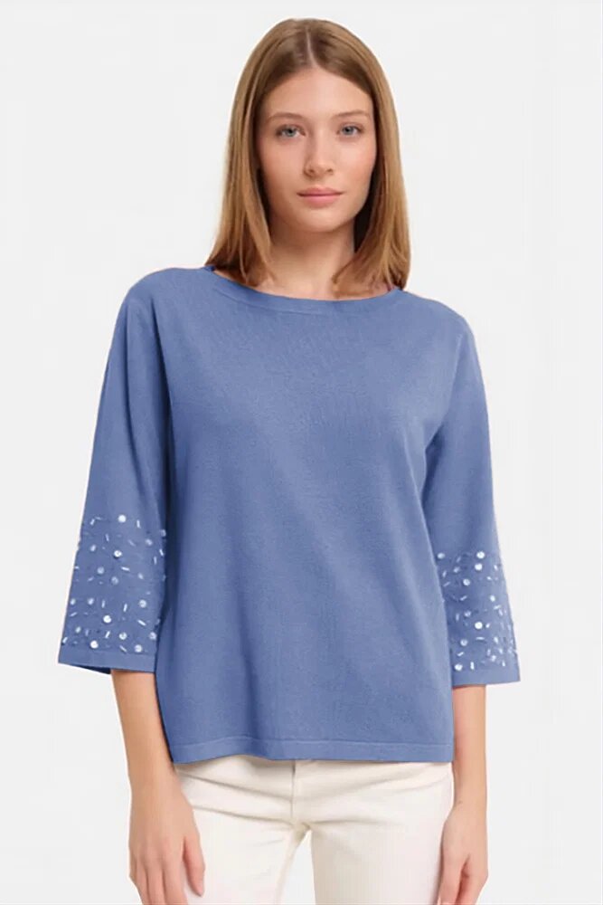 Shopika Pulover maneca 3 4 cu aplicatii manuale din paiete si margelute din tricotaj fin bleu