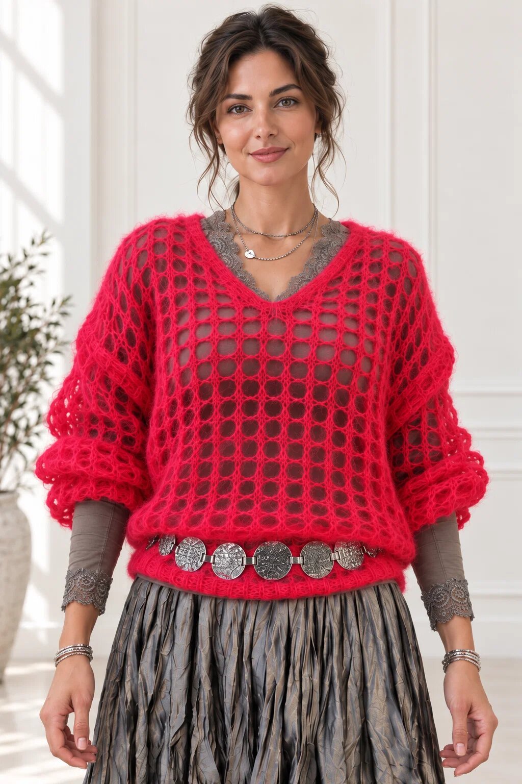 Shopika Pulover plasa cu mohair cu model foarte fin un pulover accesoriu chic rosu carmin