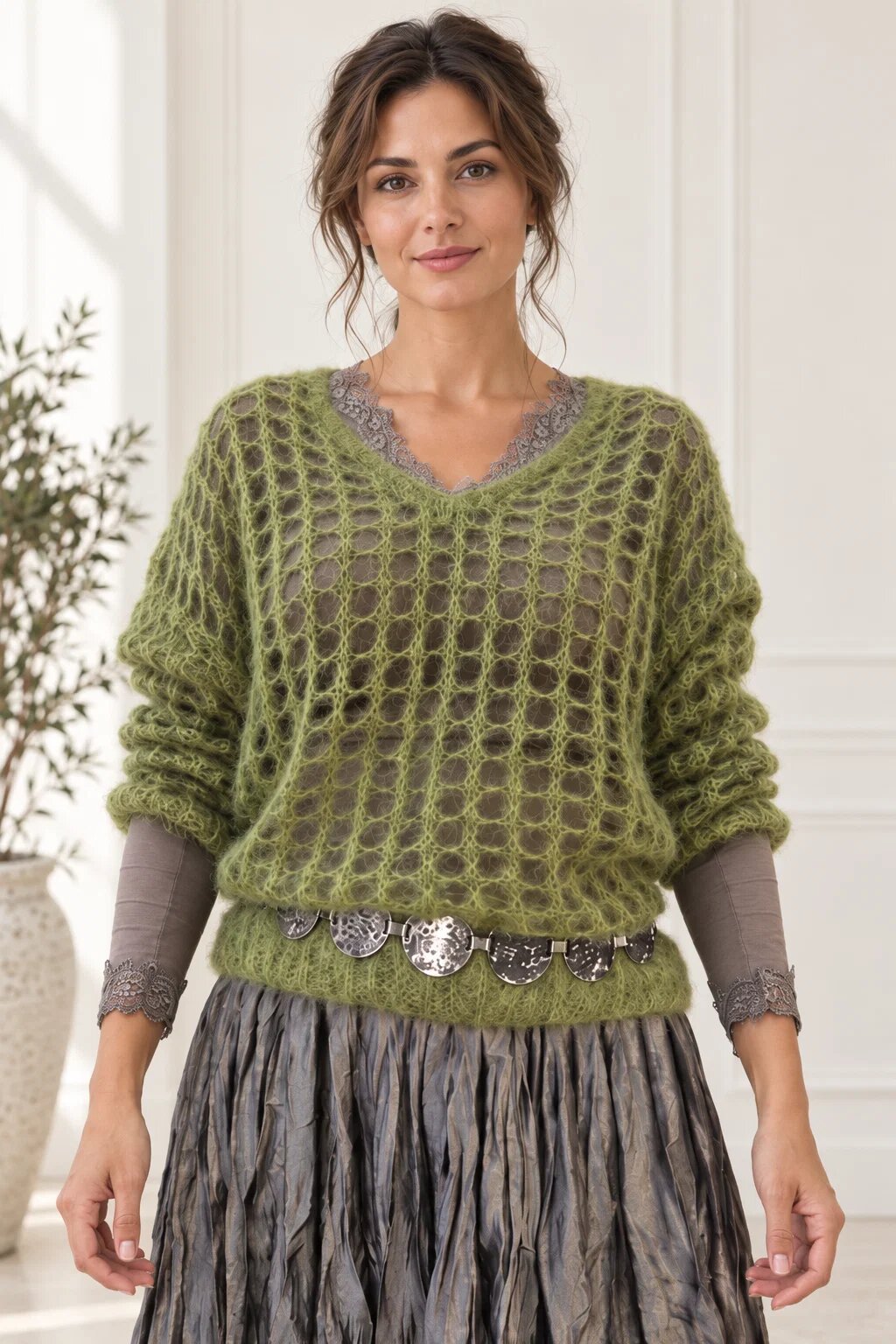 Shopika Pulover plasa cu mohair cu model foarte fin un pulover accesoriu chic verde oliv