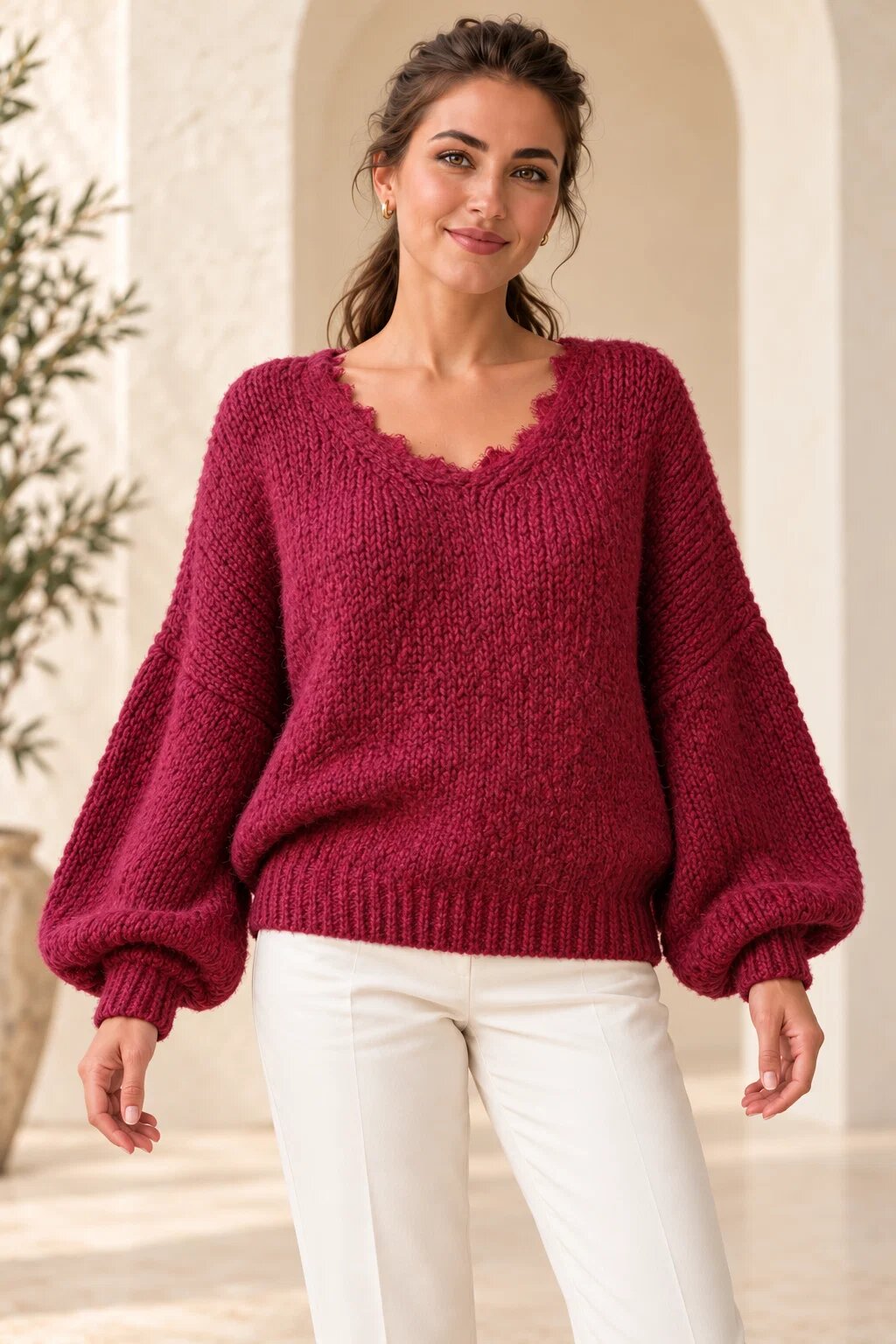 Shopika Pulover pufos bordo oversize cu dantela la decolteu in V si maneci bufante