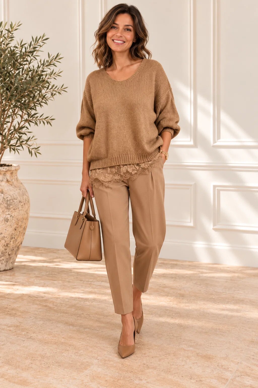 Shopika Pulover pufos camel oversize cu dantela pe margini si decolteu in V