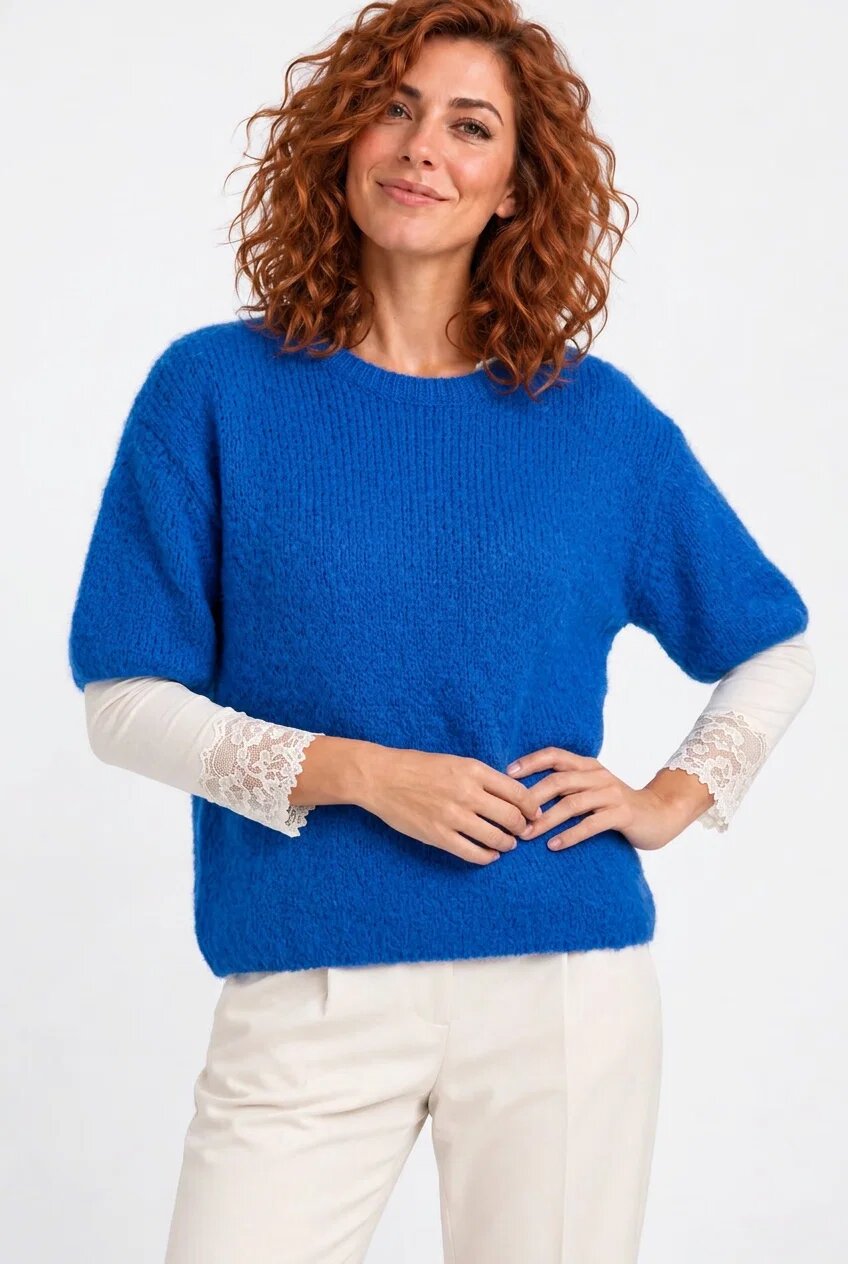 Shopika Pulover pufos cu maneca scurta cu mohair si lana albastru electric