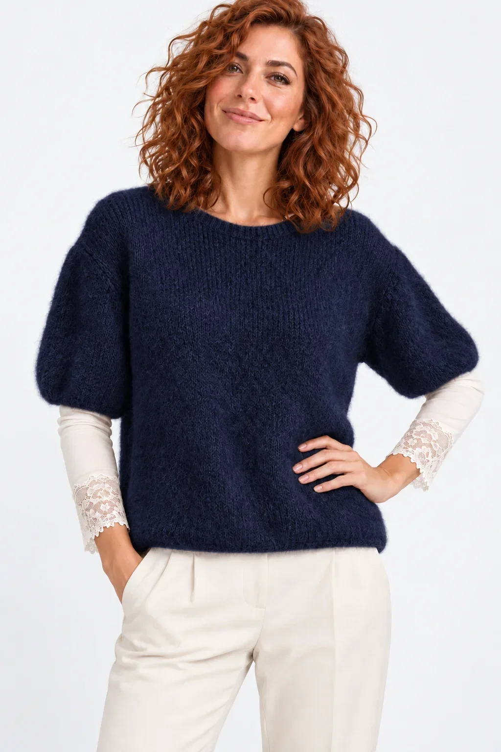 Shopika Pulover pufos cu maneca scurta cu mohair si lana bleumarin