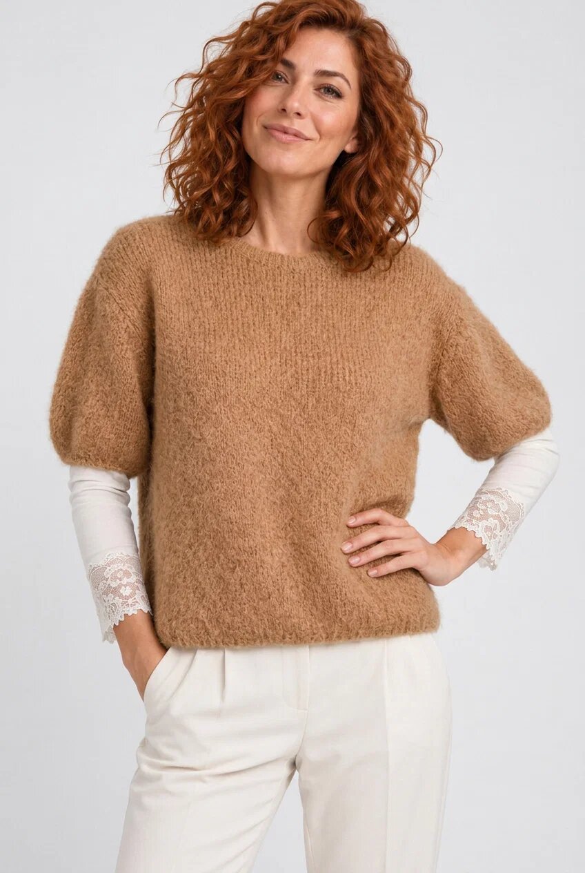 Shopika Pulover pufos cu maneca scurta cu mohair si lana camel