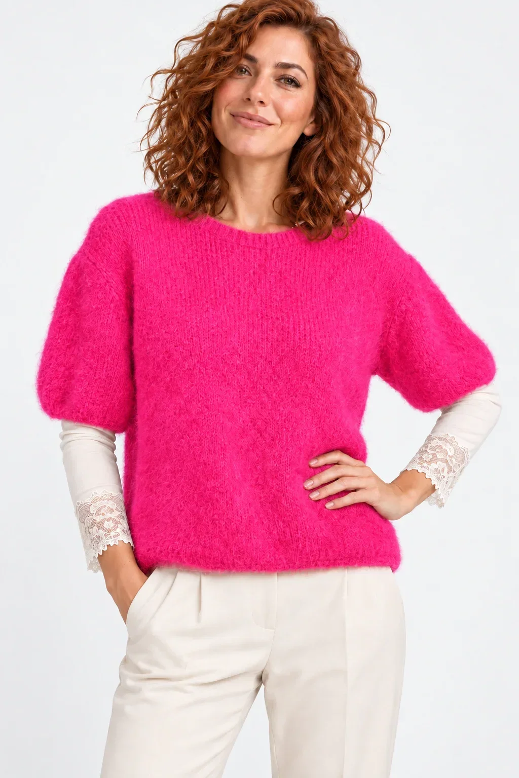 Shopika Pulover pufos cu maneca scurta cu mohair si lana fucsia