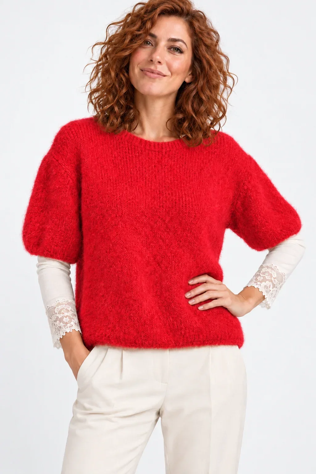 Shopika Pulover pufos cu maneca scurta cu mohair si lana rosu