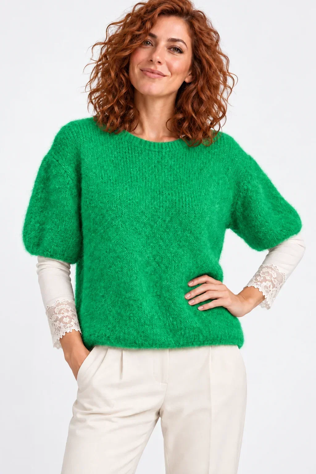 Shopika Pulover pufos cu maneca scurta cu mohair si lana verde